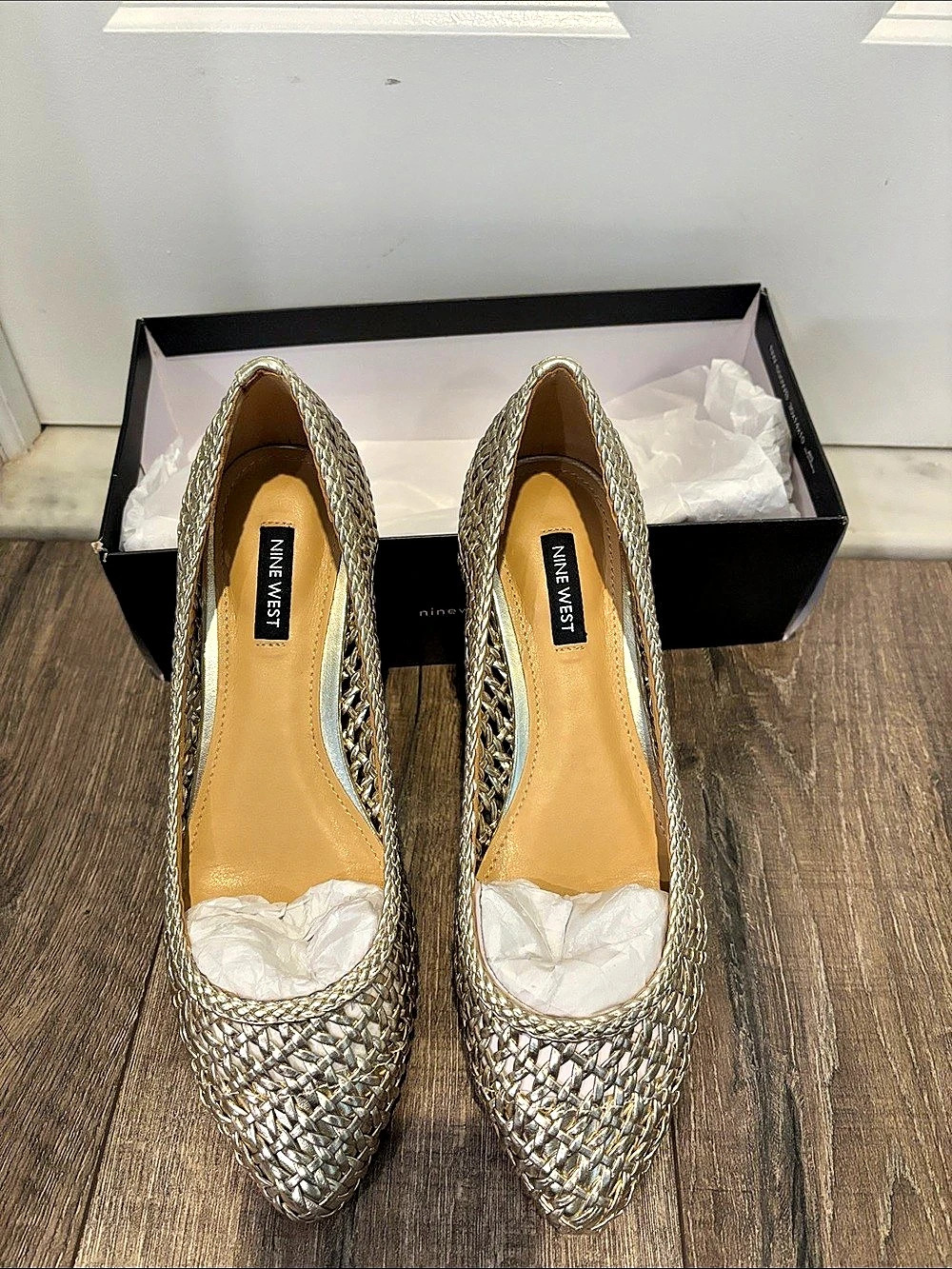 Nine West Dippy Woven Flat Gold Pointed-Toe Flats
